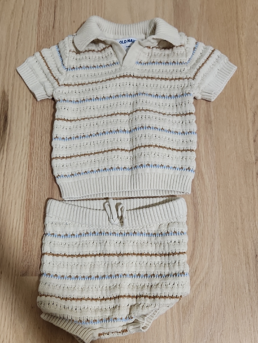 Old Navy Cream Knit Baby Two-Piece Set with Blue & Tan Stripes 3-6m